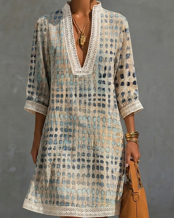 Jurk V-Hals Stip Kant Patchwork Opstaande Kraag