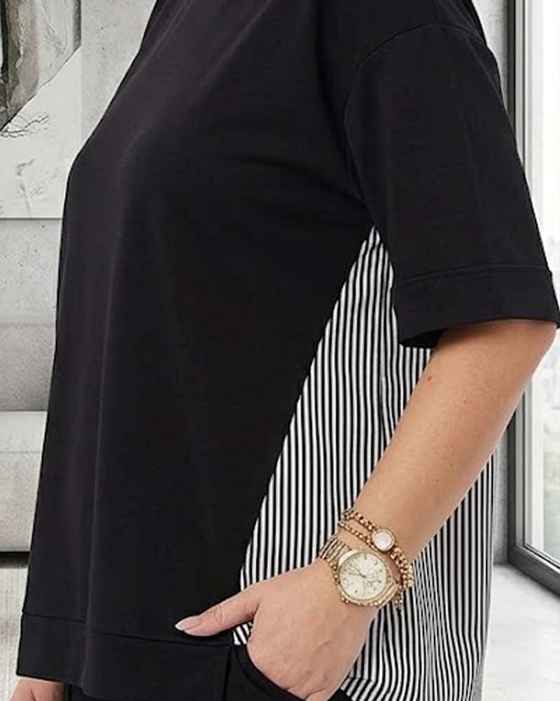 Casual blouse met patchwork en krijtstreep
