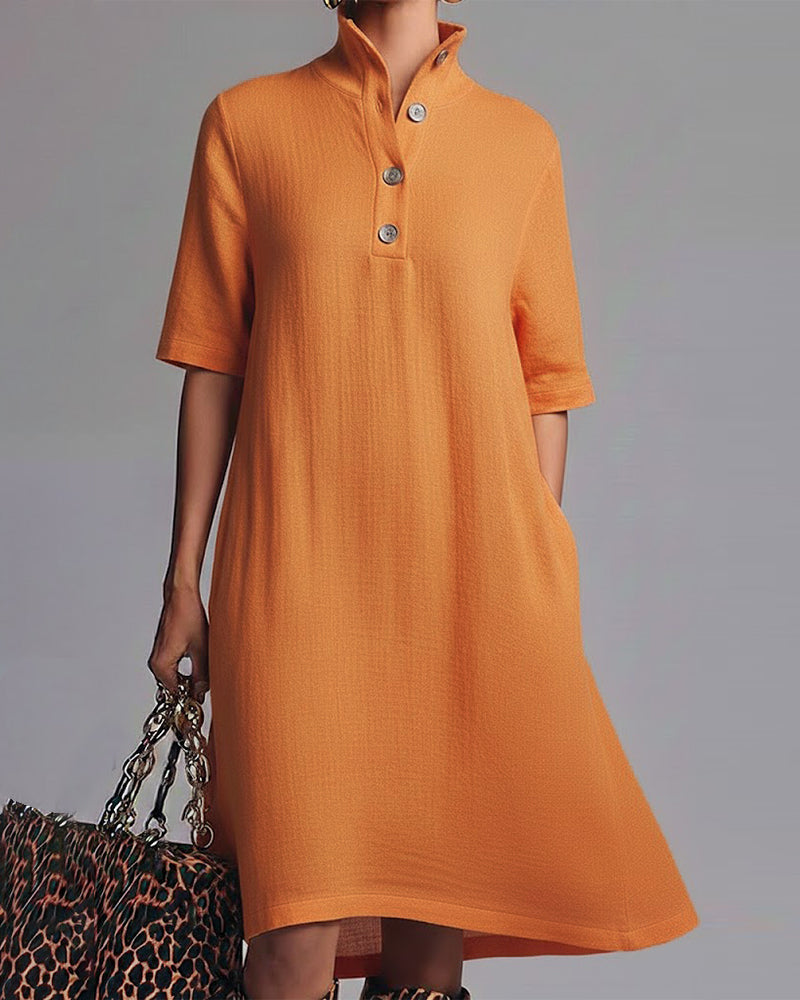 Jurk Effen Kleur Staande Kraag Korte Mouwen
