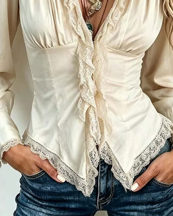 Blouse Kraag Kant Gesplitst Langmouw