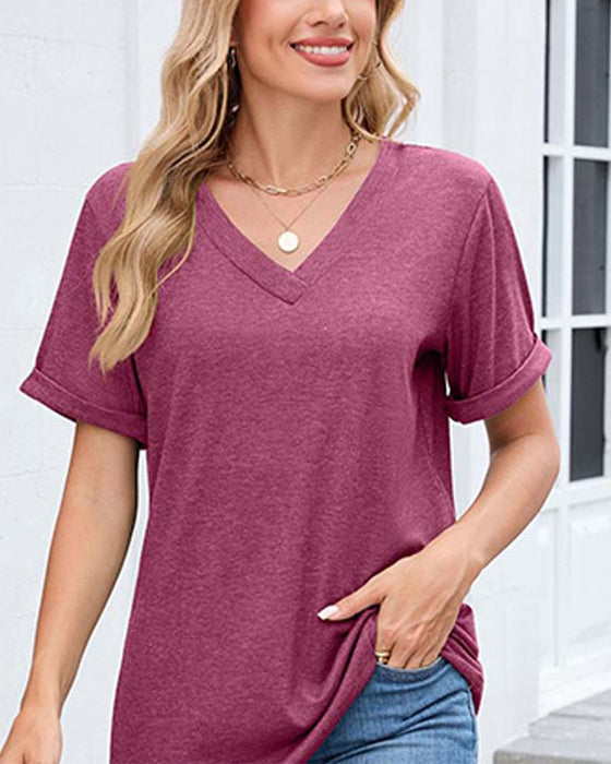T-Shirt Effen V-Hals Casual Korte Mouw