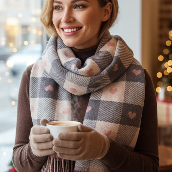 Cozy Heart Plaid Scarf – Zachte Winterwrap Voor Meisjes Of Koppels