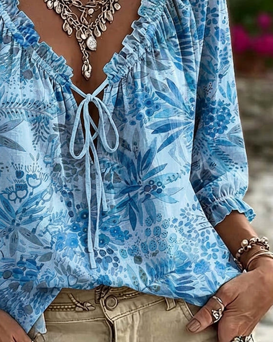 Blouse V-Hals Met Vetersluiting