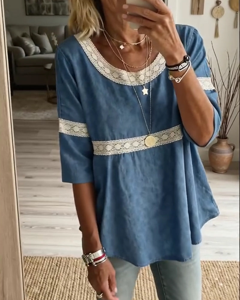 Blouse Kant Patchwork Halve Mouw