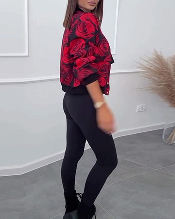 Casual jasje met rozenprint en knopen