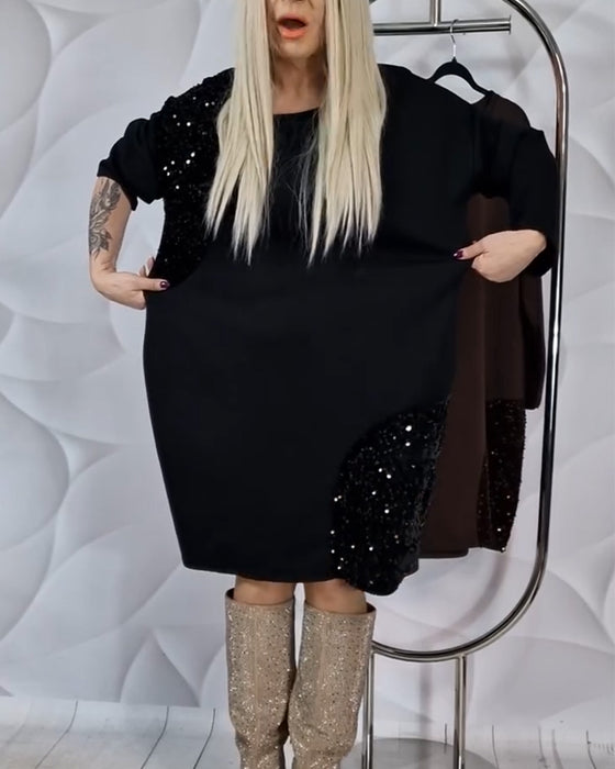 Jurk Ronde Hals Met Pailletten Patchwork