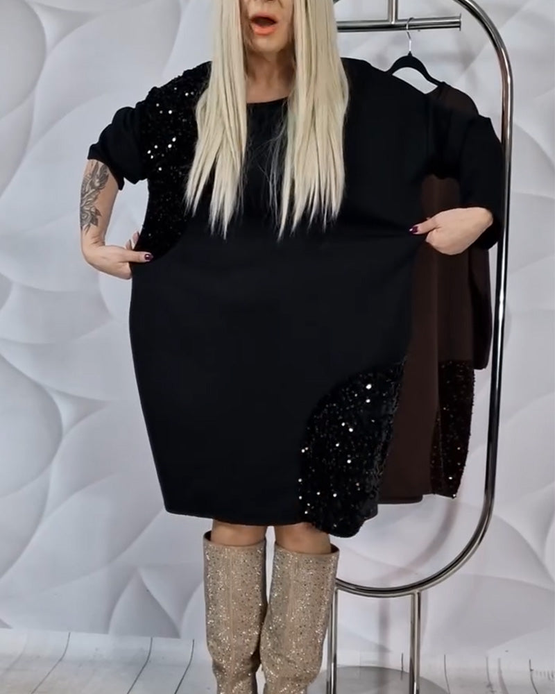 Jurk Ronde Hals Met Pailletten Patchwork