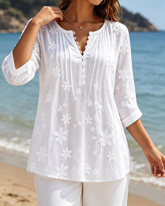 Blouse Knoop Voor Gerimpeld Bloemig Effen