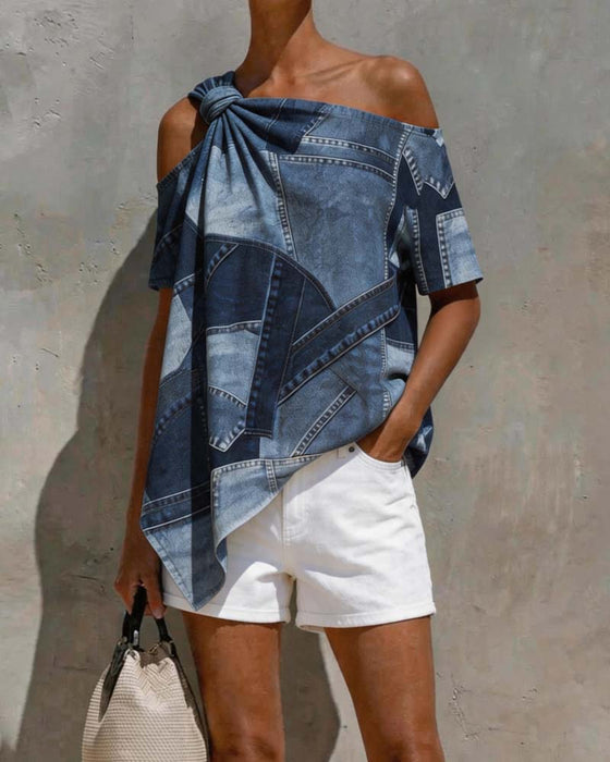Blouse Een-Schouder Twist Knoop Patchwork