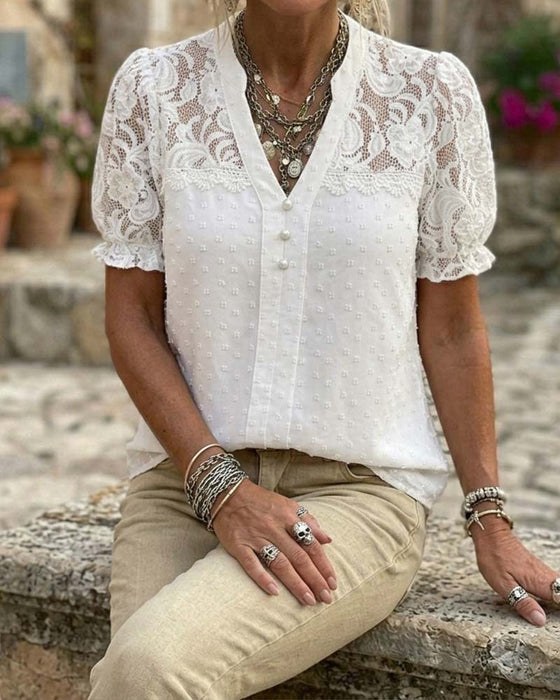 Blouse Kant Patchwork Pofmouw V-Hals