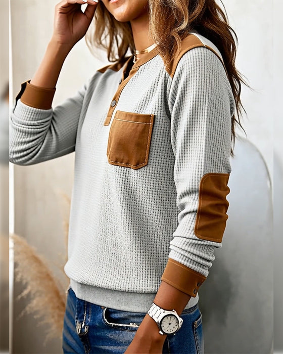 Sweater Contrastkleur Open Knop Zakken