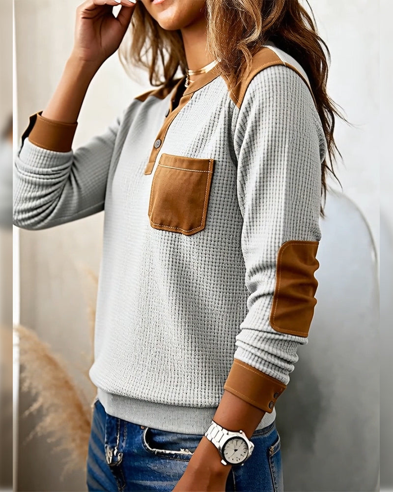 Sweater Contrastkleur Open Knop Zakken