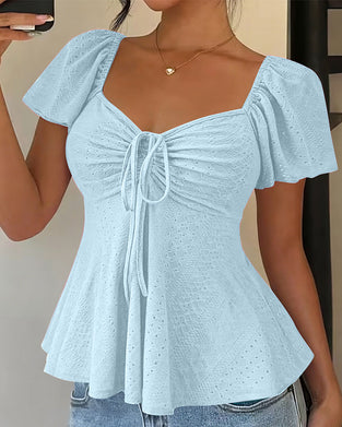 Blouse Doorgebroken Trekkoord Korte Mouw Effen