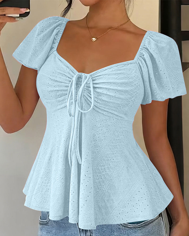 Blouse Doorgebroken Trekkoord Korte Mouw Effen
