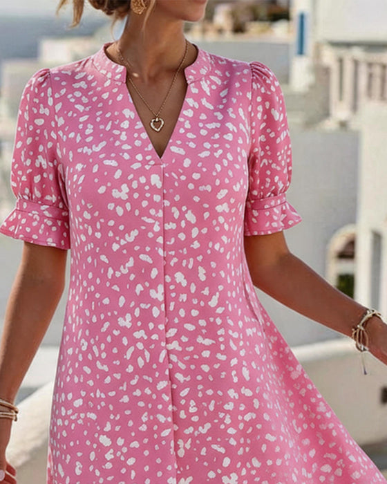 Jurken V-Hals Vierkante Hals Puff Mouw Print