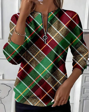 Langmouwige Sweatshirt Met Halfrits En Ruitpatroon