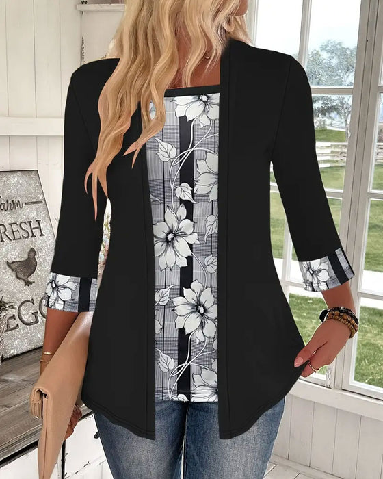 Bedrukt Topje Met Lange Mouwen Nep-Tweedelig Ontwerp