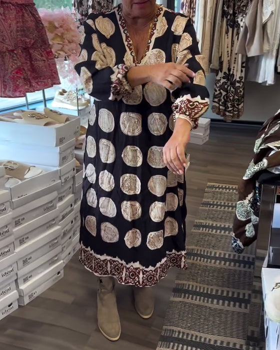 Jurk Lange Mouwen V-Hals Gedrukt