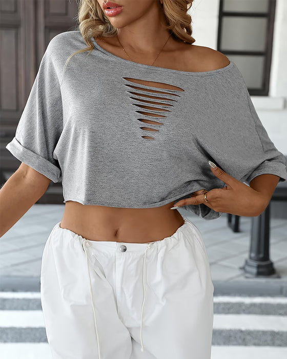 T-Shirts Off-Shoulder Asymmetrisch Gescheurd Omgerolde Zoom