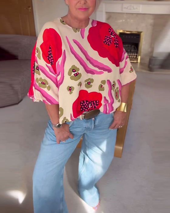 Casual top met ronde hals, print en halve mouwen