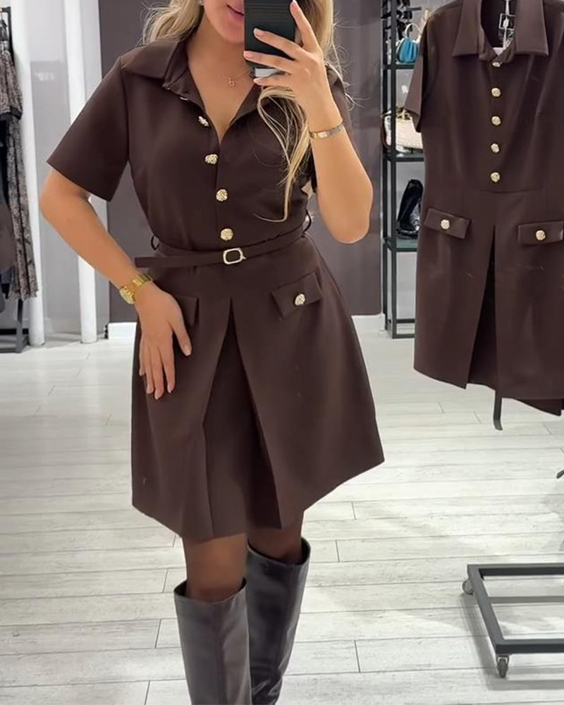 Jurk Geknoopt Kraag Korte Mouw