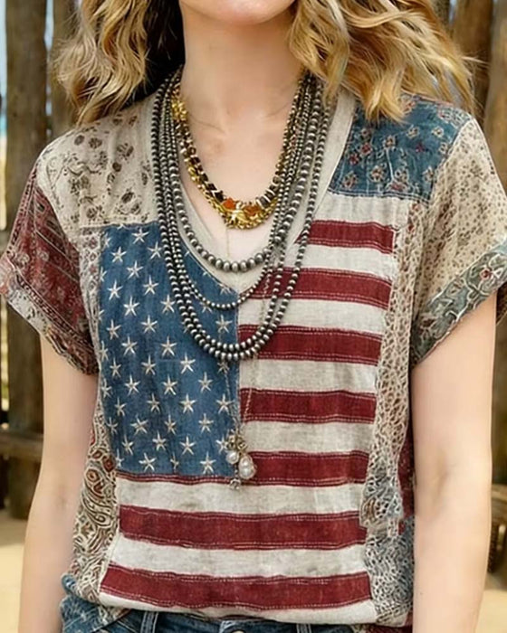 T-Shirt V-Hals Korte Mouw Patchwork