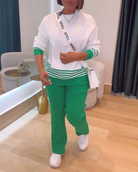 Gestreepte Contrast Pullover Broek Set