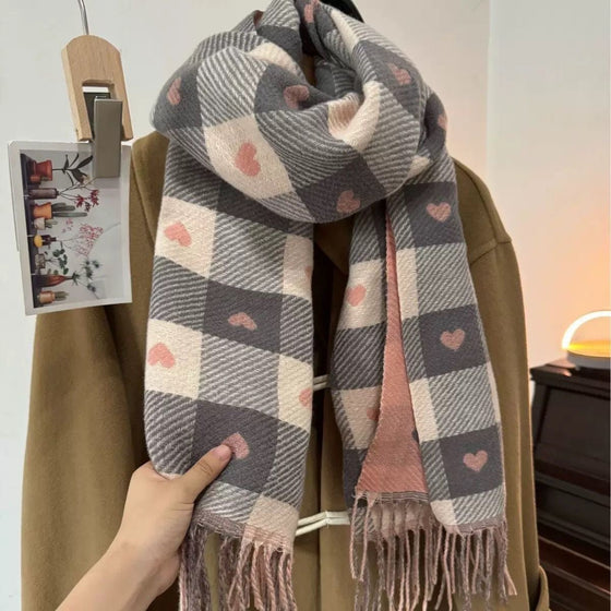 Cozy Heart Plaid Scarf – Zachte Winterwrap Voor Meisjes Of Koppels