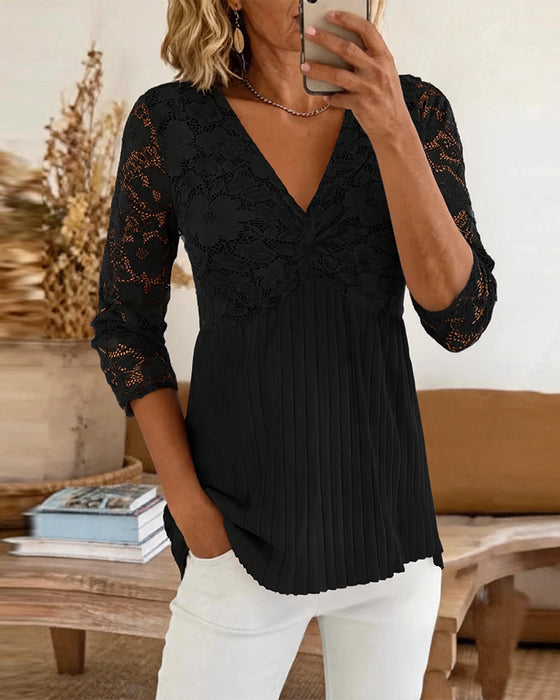Blouse Relaxed V-Hals Kant Paneel