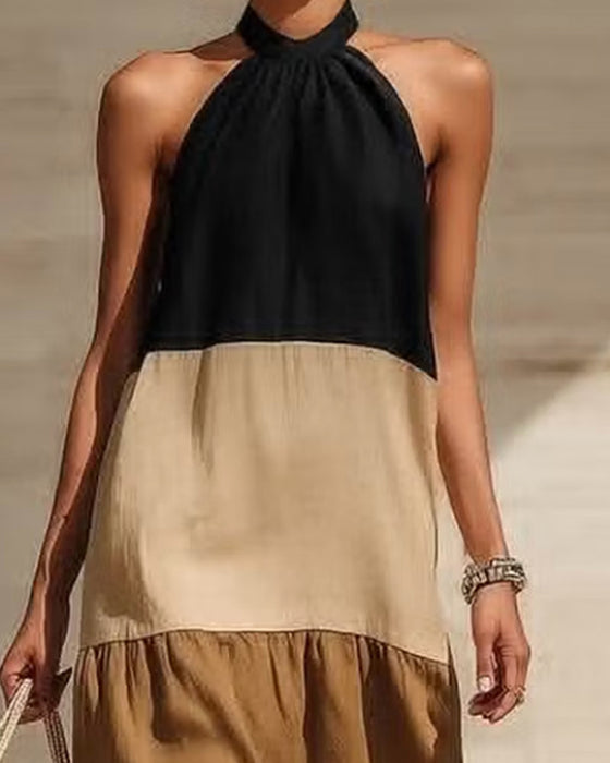 Jurken Halter Off-Shoulder Patchwerk Kleurblok