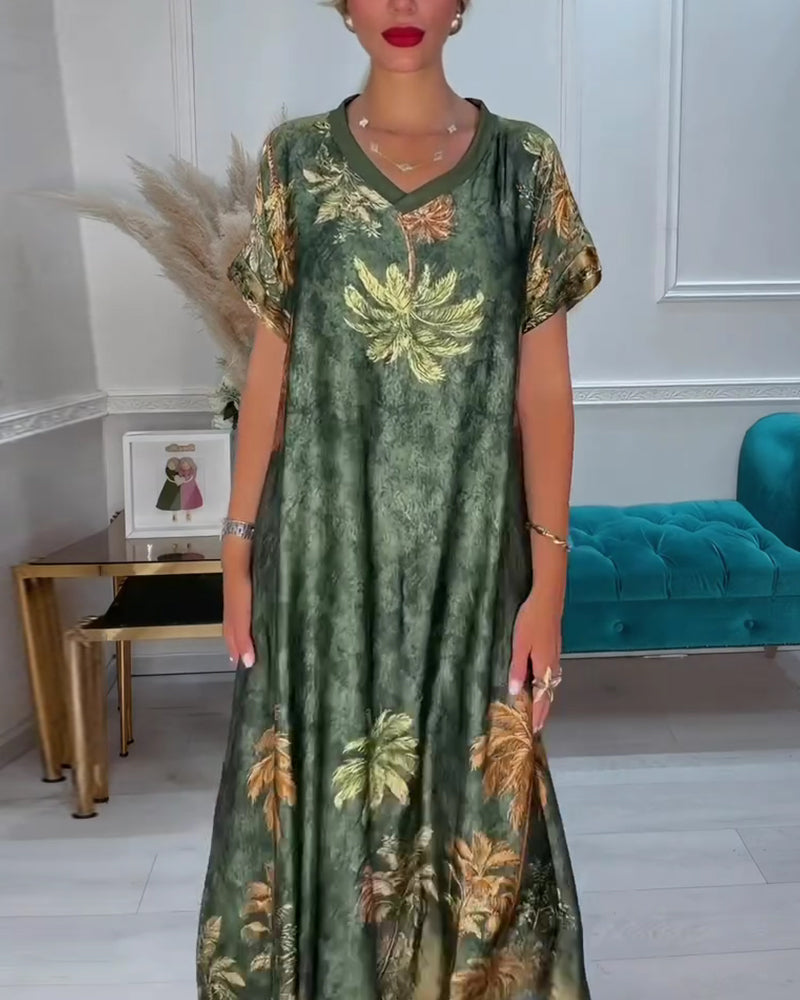 Jurk V-Hals Palmboom Print Korte Mouw Lang