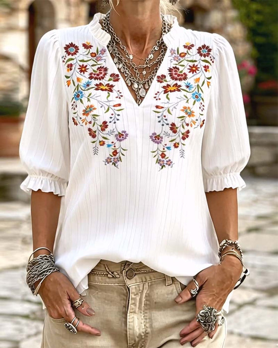 Blouse Ruffle Trim Print Casual