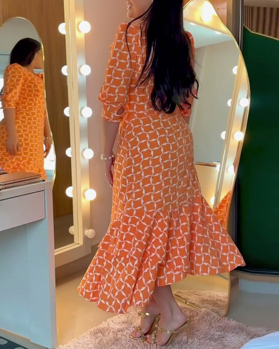 Jurk Halve Mouwen Ronde Hals Taille Print