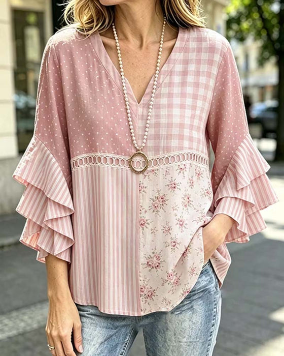 Blouse Dubbele Laag Ruche Mouwen Gestreept Stippenprint