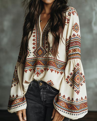 Blouse Etnisch Geometrisch Print Lantaarn Mouw