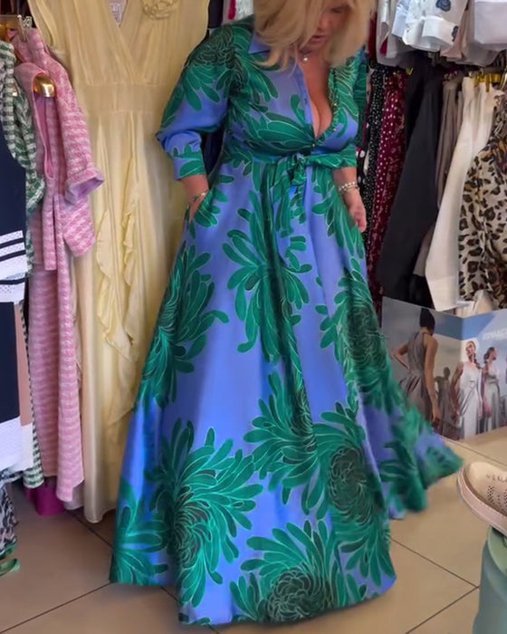 Jurk Lange Mouw V-Hals Taille Swing