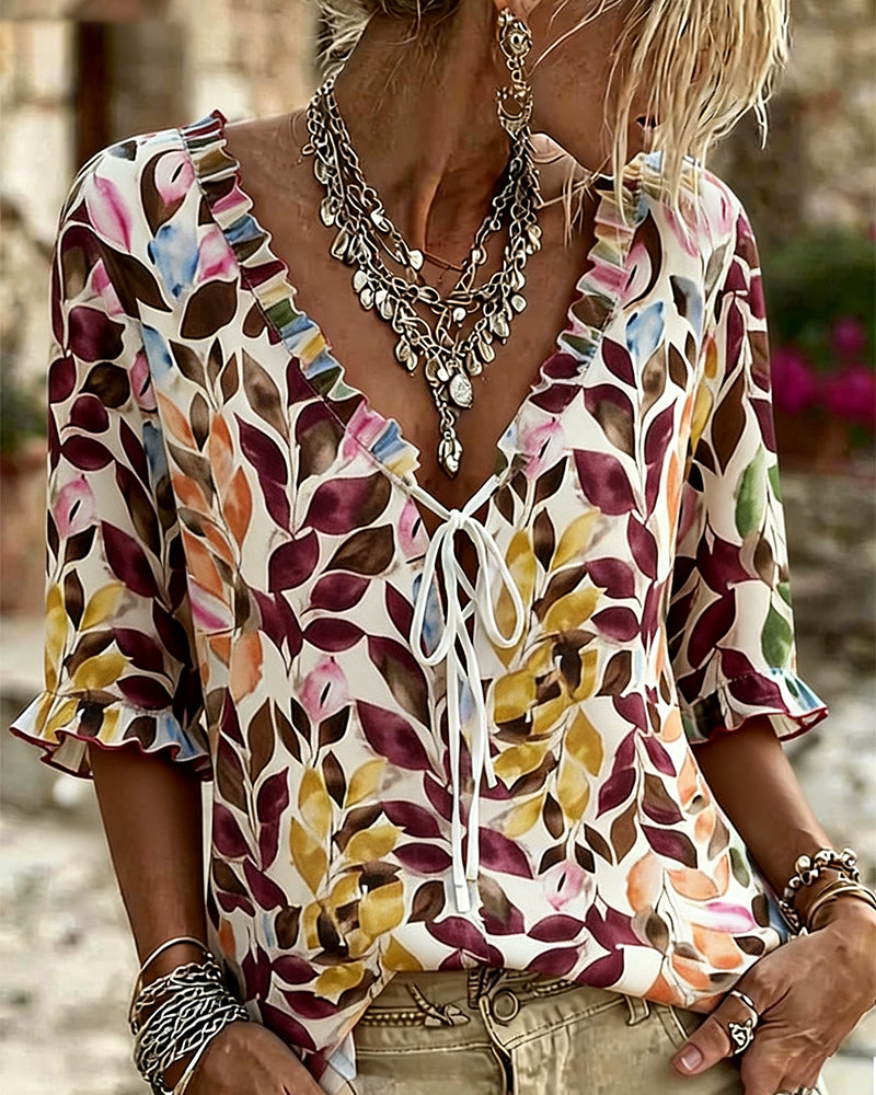 Casual Bedrukte Blouse Met Ruche Mouwen