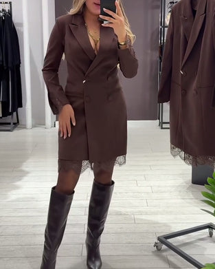 Jurk Met V-Hals En Contrastvakken Voor Werk