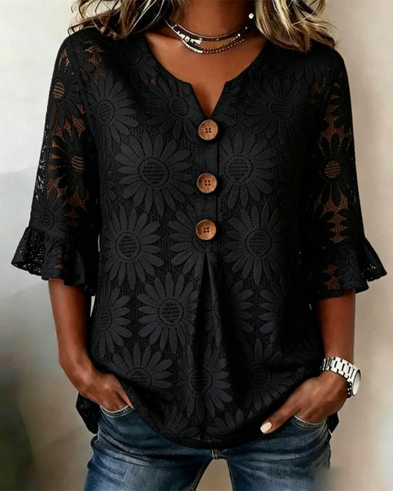 Blouse Met Gerimpeld Madeliefjespatroon En Pofmouwen