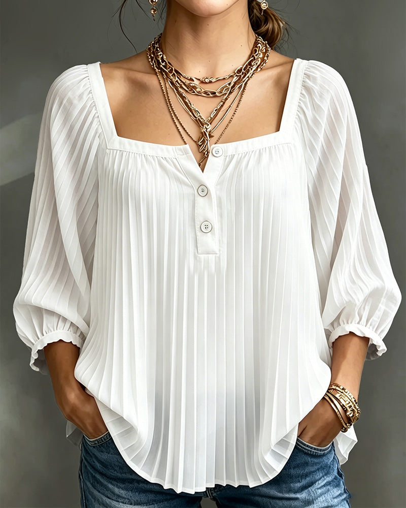Blouse Vierkante Hals Geplooide Pofmouwen