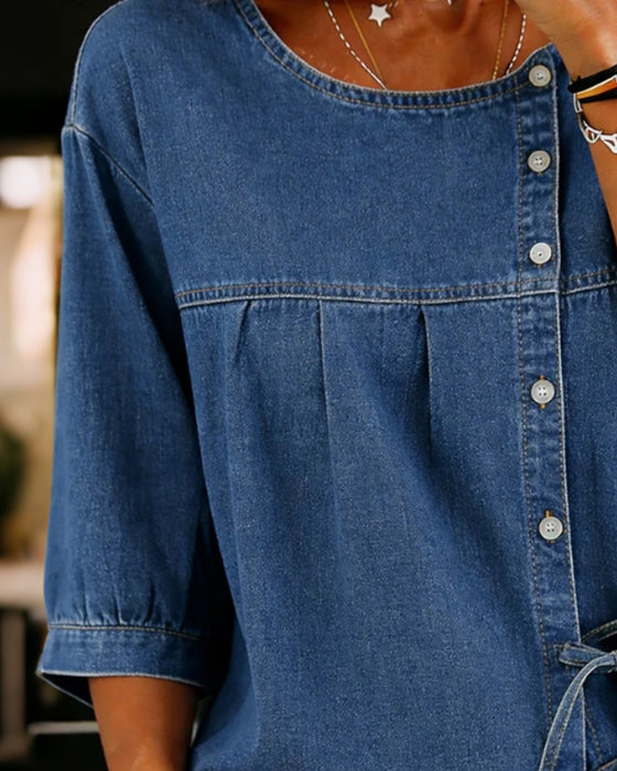 Blouse Zijknoop Strik Driekwart Mouw