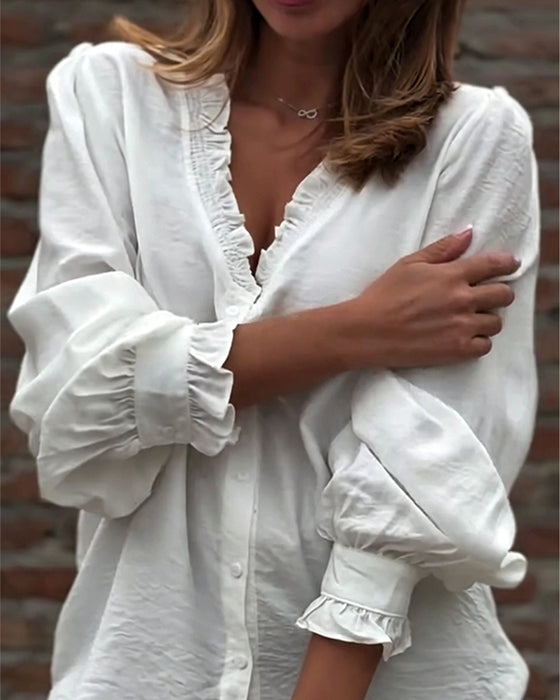 Blouse V-Hals Knoop Voor Ruffle Pofmouw