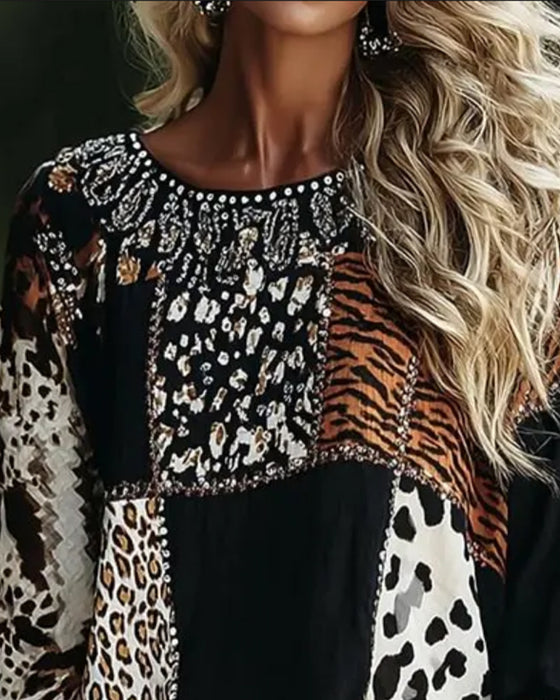 Blouse Ronde Hals Luipaard Tijger Print Contrast