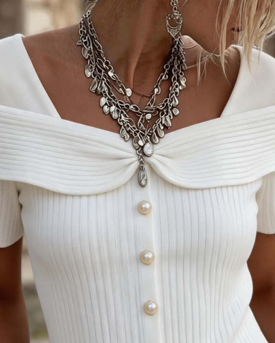 Blouse Off-Shoulder Twist Gebreid Geribbeld
