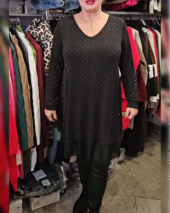 Jurk V-hals Fijn Glitter Mesh Patchwork Loose