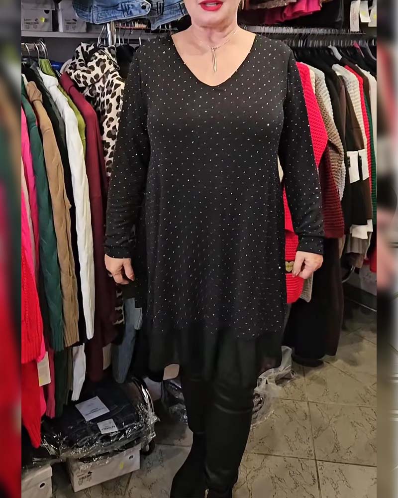 Jurk V-hals Fijn Glitter Mesh Patchwork Loose