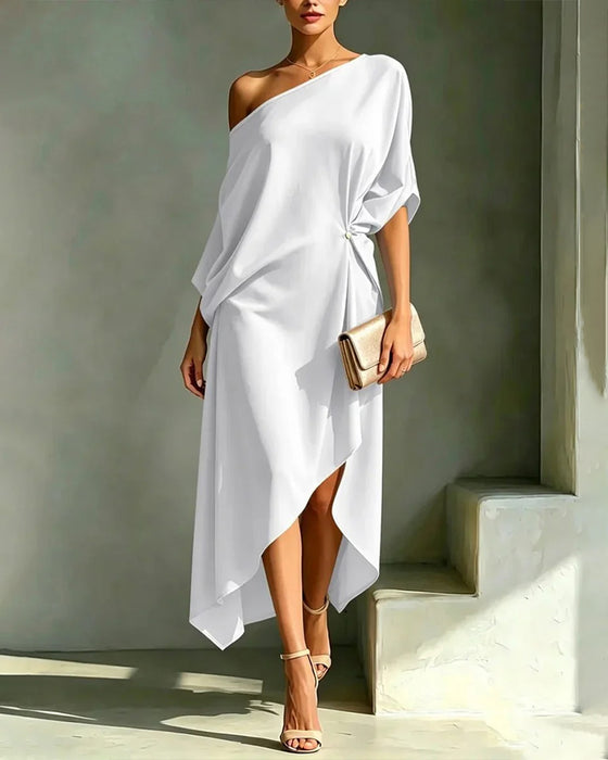 Jurk Off-Shoulder Gerimpeld Onregelmatig Effen