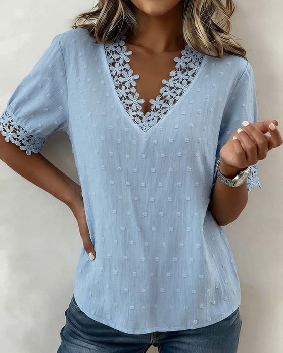 Blouse Kant V-Hals 3D Bloemig Effen