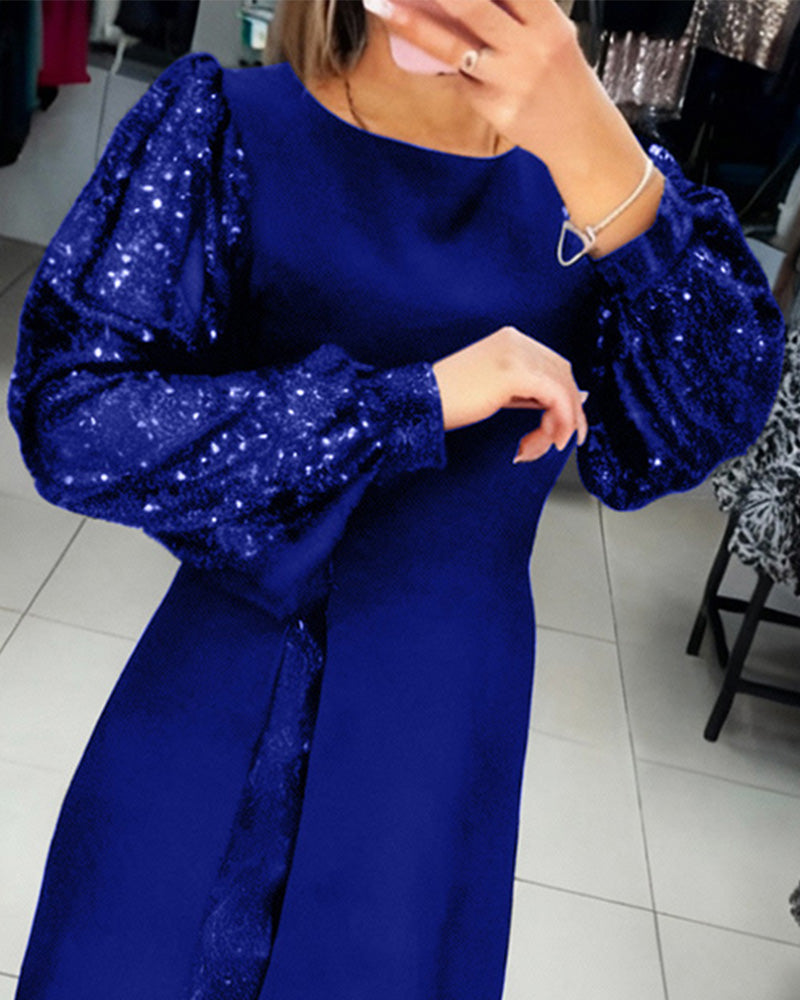 Elegante Jurk Met Pofmouwen En Patchworkdetails