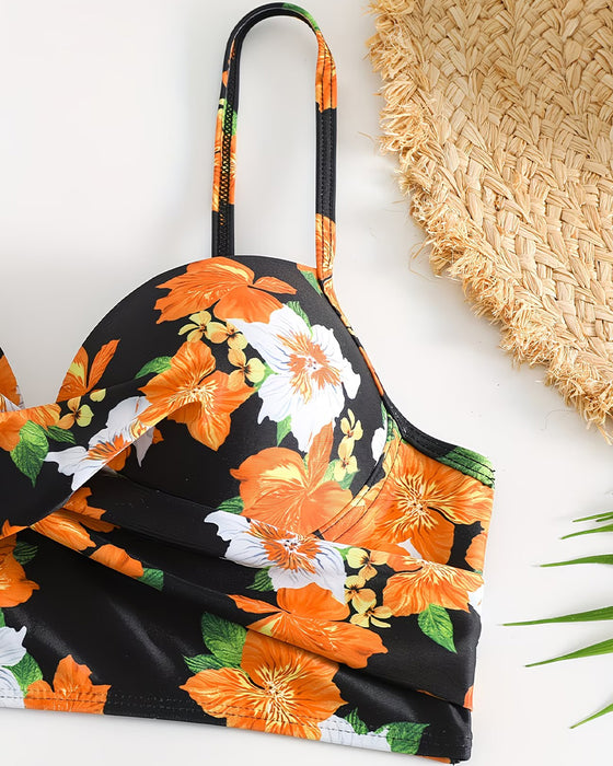 Bikini Kleurblok Bloemenprint Gerimpelde Strik